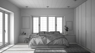 Tamamlanmamış proje taslak iç tasarım, İskandinav beyaz ve yeşil minimalist yatak odası panoramik penceresi, kürk halı ve balıksırtı parke