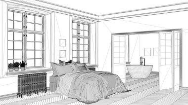 İç mimari proje, siyah ve beyaz mürekkep çizimi, mimari plan gösteren klasik banyo ve yatak odası