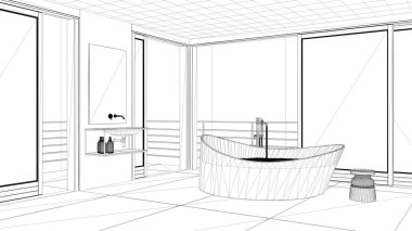 İç tasarım projesi, siyah ve beyaz mürekkep kroki, mimari plan gösteren modern banyo küvet ile