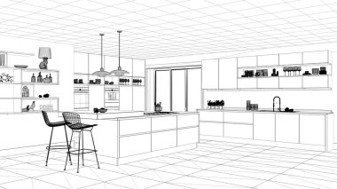 İç tasarım projesi, siyah ve beyaz mürekkep kroki, mimari plan gösteren modern mutfak ada