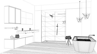 İç tasarım projesi, siyah ve beyaz mürekkep kroki, mimari plan gösteren modern banyo küvet ve duş