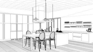 İç tasarım projesi, siyah ve beyaz mürekkep kroki, mimari plan gösteren modern mutfak ada ve sandalyeler