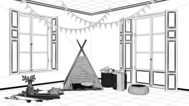 İç tasarım projesi, siyah ve beyaz mürekkep kroki, mimari plan gösteren modern kreş çocuk yatak odası oyuncak çadır