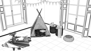 İç tasarım projesi, siyah ve beyaz mürekkep kroki, mimari plan gösteren modern kreş çocuk yatak odası oyuncak çadır