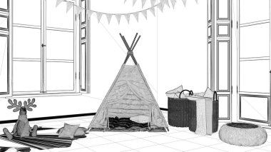 İç tasarım projesi, siyah ve beyaz mürekkep kroki, mimari plan gösteren modern kreş çocuk yatak odası oyuncak çadır