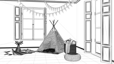 İç tasarım projesi, siyah ve beyaz mürekkep kroki, mimari plan gösteren modern kreş çocuk yatak odası oyuncak çadır