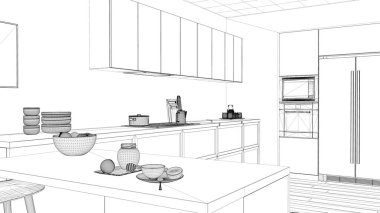 İç tasarım projesi, siyah ve beyaz mürekkep çizimi, mimari plan gösteren minimalist mutfak