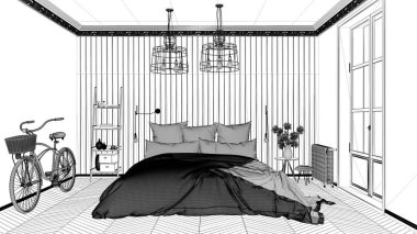 İç tasarım projesi, siyah ve beyaz mürekkep kroki, mimari plan gösteren İskandinav yatak odası Çift Kişilik Yatak