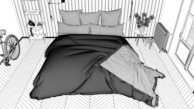 İç tasarım projesi, siyah ve beyaz mürekkep kroki, mimari plan gösteren İskandinav yatak odası Çift Kişilik Yatak