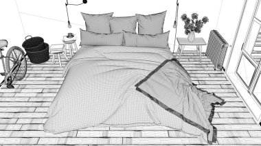 İç tasarım projesi, siyah ve beyaz mürekkep kroki, mimari plan gösteren İskandinav yatak odası Çift Kişilik Yatak