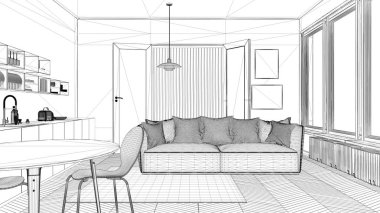 İç tasarım projesi, siyah ve beyaz mürekkep kroki, mimari plan gösteren çağdaş mutfak koltuk ve halı