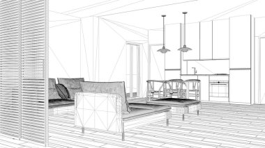 İç tasarım projesi, siyah ve beyaz mürekkep çizimi, mimari plan gösteren modern oturma odası ile mutfak