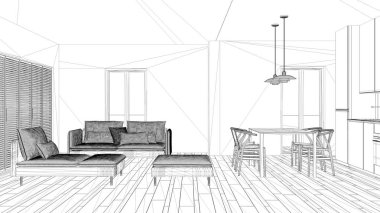 İç tasarım projesi, siyah ve beyaz mürekkep çizimi, mimari plan gösteren modern oturma odası ile mutfak