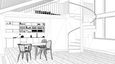 İç tasarım projesi, siyah ve beyaz mürekkep kroki, merdiven ve asma kat mimari plan gösteren modern mutfak