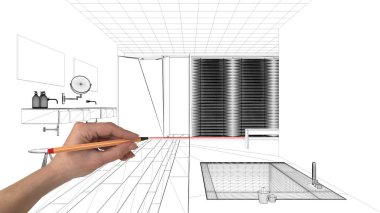 İç Tasarım Proje konsepti, el çizimi özel mimarisi, siyah ve beyaz mürekkep kroki, plan gösteren modern banyo küvet ile