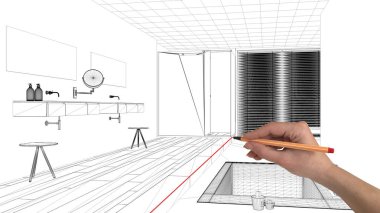 İç Tasarım Proje konsepti, el çizimi özel mimarisi, siyah ve beyaz mürekkep kroki, plan gösteren modern banyo küvet ile