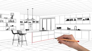 İç Tasarım Proje konsepti, el çizimi özel mimarisi, siyah ve beyaz mürekkep kroki, plan gösteren minimalist mutfak ada