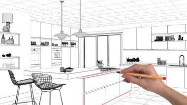İç Tasarım Proje konsepti, el çizimi özel mimarisi, siyah ve beyaz mürekkep kroki, plan gösteren minimalist mutfak ada