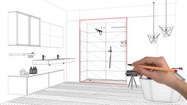 İç Tasarım Proje konsepti, el çizimi özel mimarisi, siyah ve beyaz mürekkep kroki, plan gösteren modern banyo duş ile