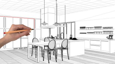 İç Tasarım Proje konsepti, el çizimi özel mimarisi, siyah ve beyaz mürekkep kroki, plan gösteren modern mutfak yemek masası