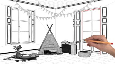 İç Tasarım Proje konsepti, el çizimi özel mimarisi, siyah ve beyaz mürekkep kroki, çocuk odası çadır ile gösterilen blueprint