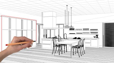 İç Tasarım Proje konsepti, el çizimi özel mimarisi, siyah ve beyaz mürekkep kroki, plan gösteren modern mutfak yemek masası