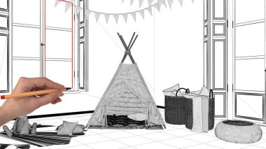 İç Tasarım Proje konsepti, el çizimi özel mimarisi, siyah ve beyaz mürekkep kroki, çocuk odası çadır ile gösterilen blueprint