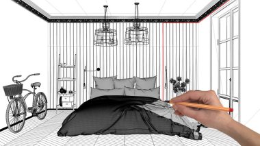 İç Tasarım Proje konsepti, el çizimi özel mimarisi, siyah ve beyaz mürekkep kroki, plan gösteren İskandinav klasik yatak odası