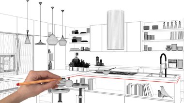 İç Tasarım Proje konsepti, el çizimi özel mimarisi, siyah ve beyaz mürekkep kroki, plan gösteren modern mutfak ada ve tabureler