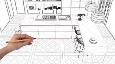 İç Tasarım Proje konsepti, el çizimi özel mimarisi, siyah ve beyaz mürekkep kroki, plan gösteren modern mutfak ada