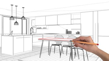 İç Tasarım Proje konsepti, el çizimi özel mimarisi, siyah ve beyaz mürekkep kroki, plan gösteren modern minimalist mutfak