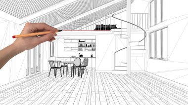 İç Tasarım Proje konsepti, el çizimi özel mimarisi, siyah ve beyaz mürekkep kroki, plan gösteren modern loft mutfak
