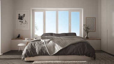 İskandinav beyaz ve gri minimalist yatak odası panoramik penceresi, kürk halı ve balıksırtı parke, modern mimari iç tasarım