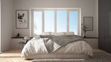 İskandinav beyaz ve gri minimalist yatak odası panoramik penceresi, kürk halı ve balıksırtı parke, modern mimari iç tasarım