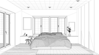 İç tasarım projesi, siyah ve beyaz mürekkep kroki, mimari plan gösteren çağdaş yatak odası Çift Kişilik Yatak, halı ve pencere