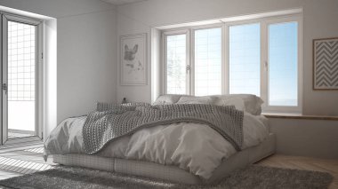 Tamamlanmamış proje taslak iç tasarım, İskandinav beyaz ve yeşil minimalist yatak odası panoramik penceresi, kürk halı ve balıksırtı parke