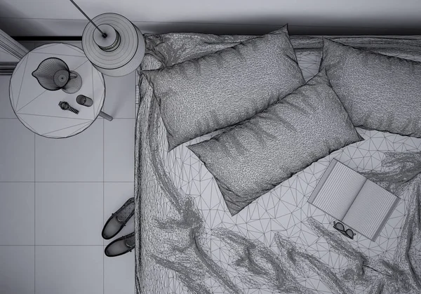 Unfinished project draft sketch of minimal bedroom with double bed, contemporary architecture interior design, top view