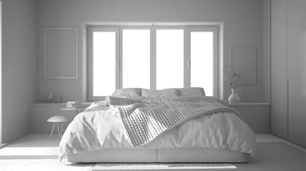 Συνολικό Έργο Λευκό Σχέδιο Σκανδιναβικές Λευκό Και Πράσινο Μινιμαλιστικό Υπνοδωμάτιο — Φωτογραφία Αρχείου