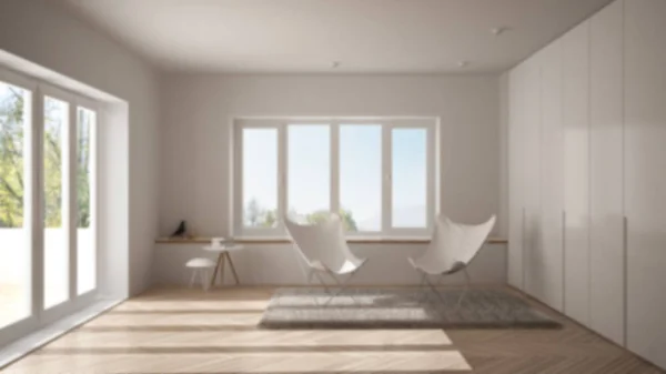 Hintergrundgestaltung Verschwimmen Minimalistisches Wohnzimmer Mit Sesselteppich Parkettboden Und Panoramafenster Skandinavische — Stockfoto