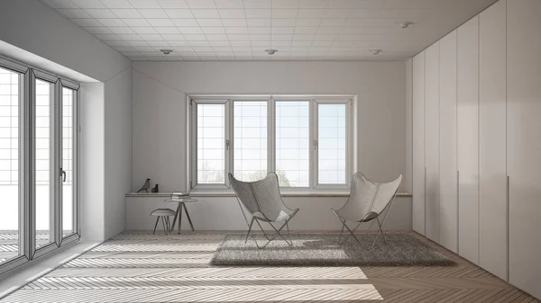 Unfinished project draft interior design, minimal living room with armchair carpet, parquet floor and panoramic window, scandinavian architecture
