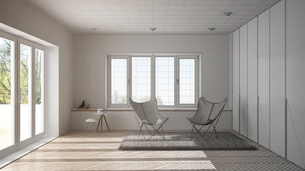 Unfertiger Entwurf Der Innenarchitektur Minimalistisches Wohnzimmer Mit Sesselteppich Parkettboden Und — Stockfoto