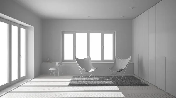 Celkový Projekt Bílé Minimální Obývacího Pokoje Křesla Koberce Parkety Panoramatické — Stock fotografie