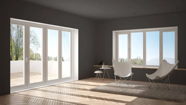 Biały Szary Minimalne Pokój Dzienny Fotel Dywan Parkiet Panoramiczne Okna — Zdjęcie stockowe