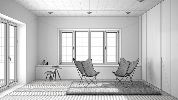 Unfinished project draft interior design, minimal living room with armchair carpet, parquet floor and panoramic window, scandinavian architecture