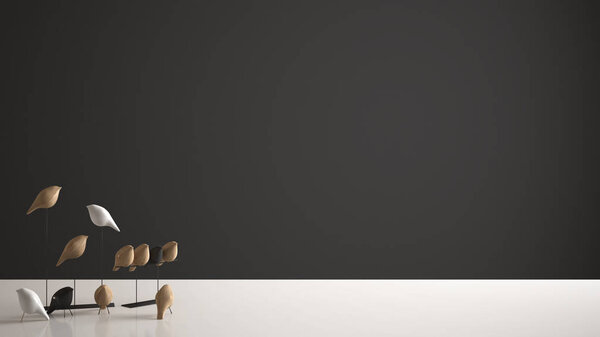 White table top or shelf with minimalistic bird ornament, birdie knick - knack over dark background with copy space, modern interior design