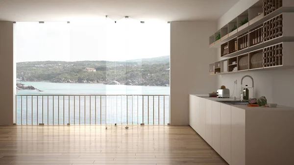 Minimalist White Wooden Kitchen Parquet Floor Big Panoramic Window Sea — Stock Photo, Image