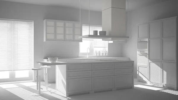 总白色项目草稿 室内设计 现代木和白色厨房与海岛 凳子和窗口 实木复合地板字地板 — 图库照片