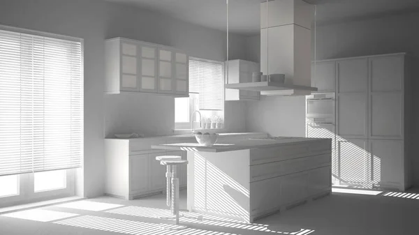 Całkowity Biały Projektu Projektu Projektowanie Wnętrz Nowoczesna Kuchnia Drewniana Biały — Zdjęcie stockowe