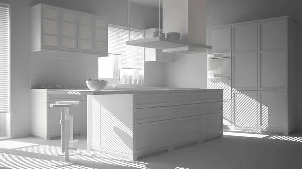 Total white project draft, interior design, modern wooden and white kitchen with island, stools and windows, parquet herringbone floor