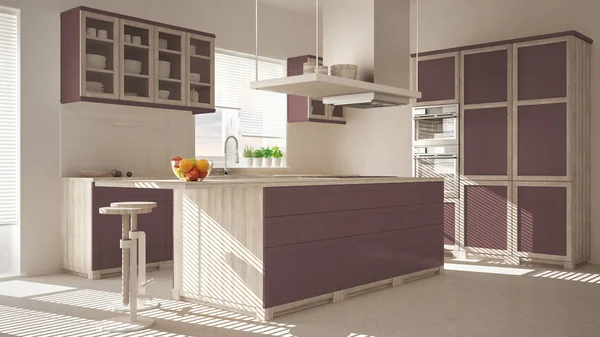 现代木红色紫色厨房 凳子和窗户 镶木人字地板 建筑简约的室内设计 — 图库照片